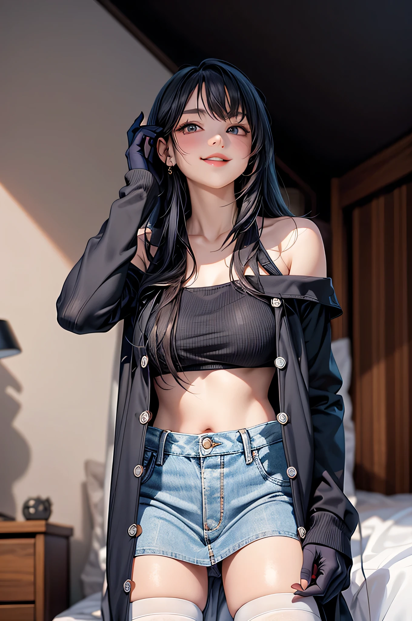 best quality, masterpiece, 1girl, solo, Ferry, long hair, FerryBase, thighhighs, bare shoulders, jewelry, sleeveless, white dress, blue skirt, gloves, bed room, bed, wooden floor, sitting, sitting on bed, from below, hands on legs, smile, soft lighting, full body,