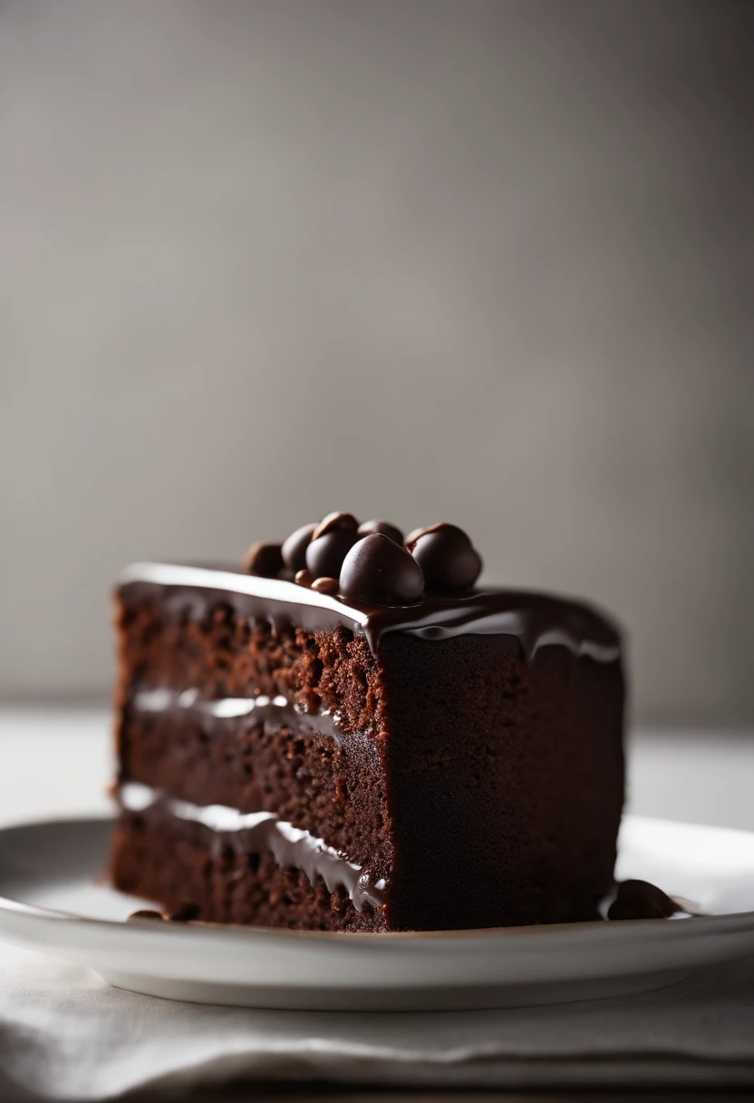 a minimalistic shot of a single slice of chocolate cake against a clean, white backdrop, allowing the rich color and texture of the cake to be the focal point
