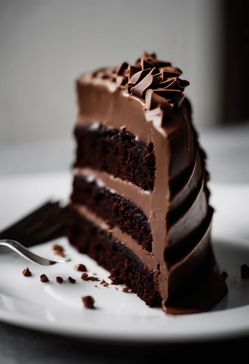 a minimalistic shot of a single slice of chocolate cake against a clean, white backdrop, allowing the rich color and texture of the cake to be the focal point