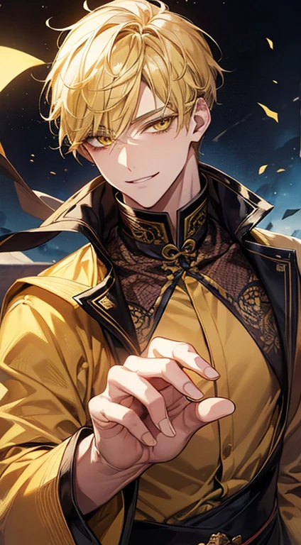 man 1、yellow short hair, long yellow eyelashes、Handsome man with yellow eyebrows and yellow expressive eyes, Smiling, Yellow eyes、细致背景、magician