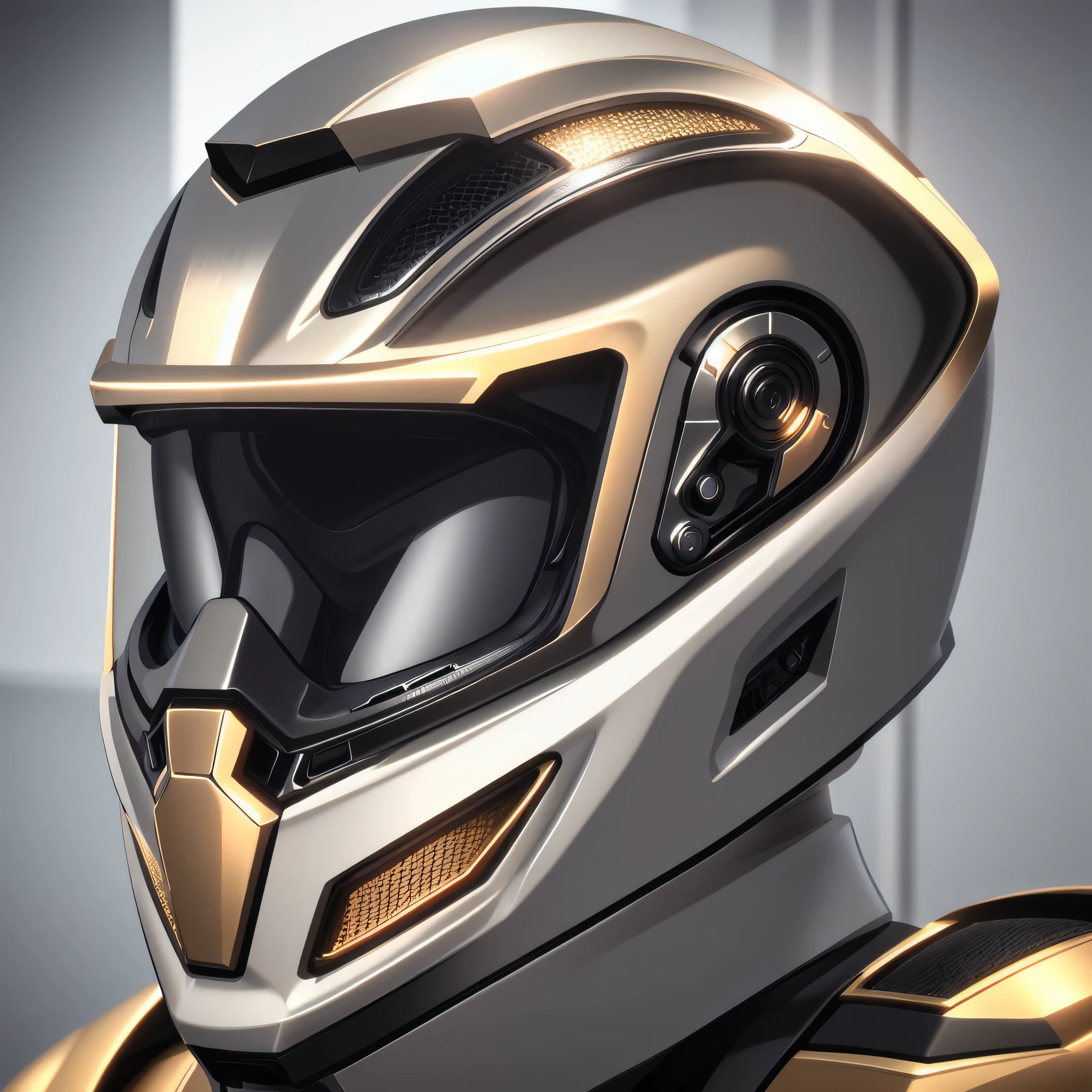 a closeup of a shine and reflective color modern helmet, Golden and Silver warm Color Red elegant luxury futuristic modern helmet, protective mechanical headgear, stilized hard hat, Intricate and unique Design, Very Detailed, Fine Details, Extremely Sharp Lines, Cinematic Lighting, Realistic Photos, 3D render, A Detailed Masterpiece, creative color palette. four variations