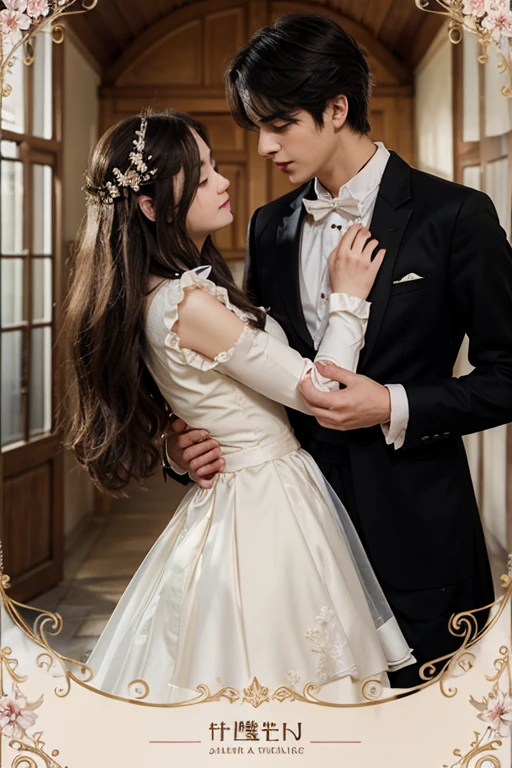 a poster of a couple hugging each other in front of a castle, manhwa, shoujo romance, aristocratic, the flower prince, castle scene manga, delicate androgynous prince, cover manga, steam romance, romance novel cover, bloom. fantasy, sakimichan and frank franzzeta, manga cover, shoujo manga, in school witch uniform, hate to lover, student, boy an girl, love between friends