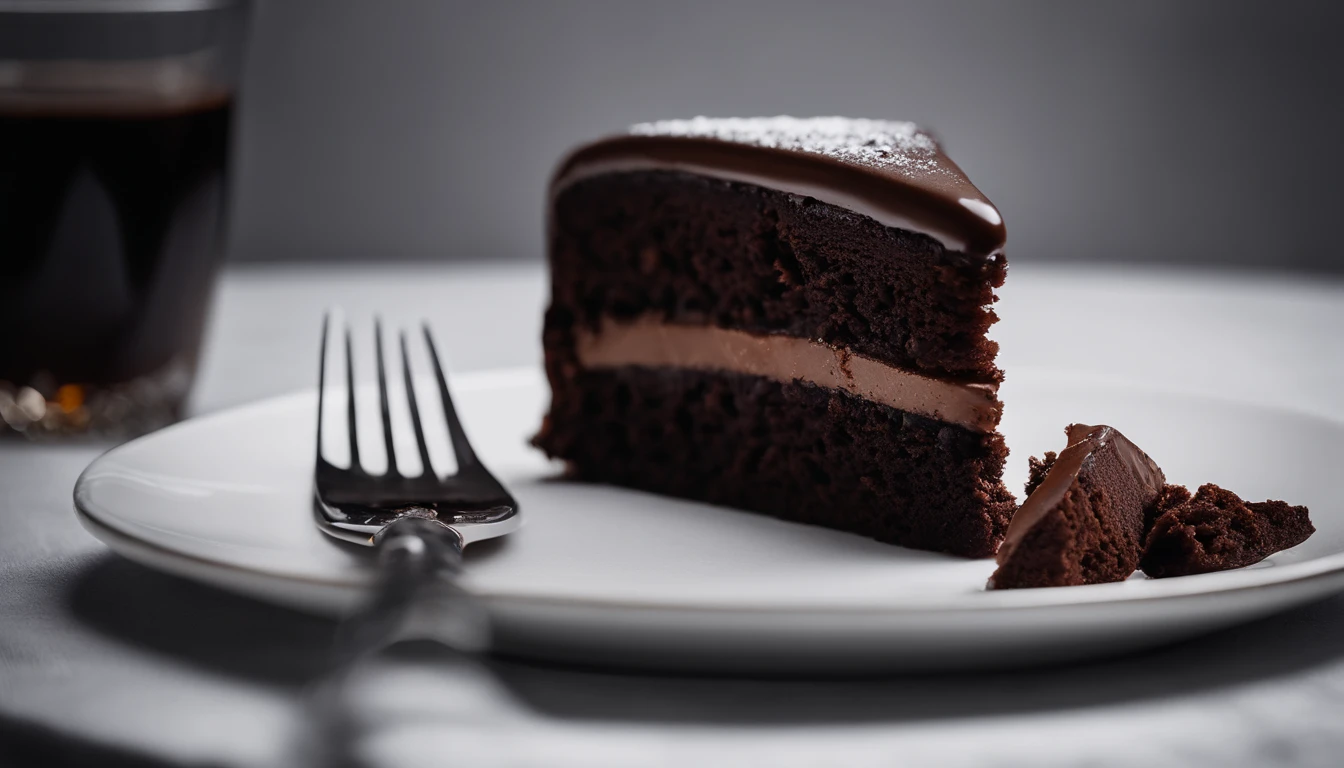 a minimalistic shot of a single slice of chocolate cake against a clean, white backdrop, allowing the rich color and texture of the cake to be the focal point