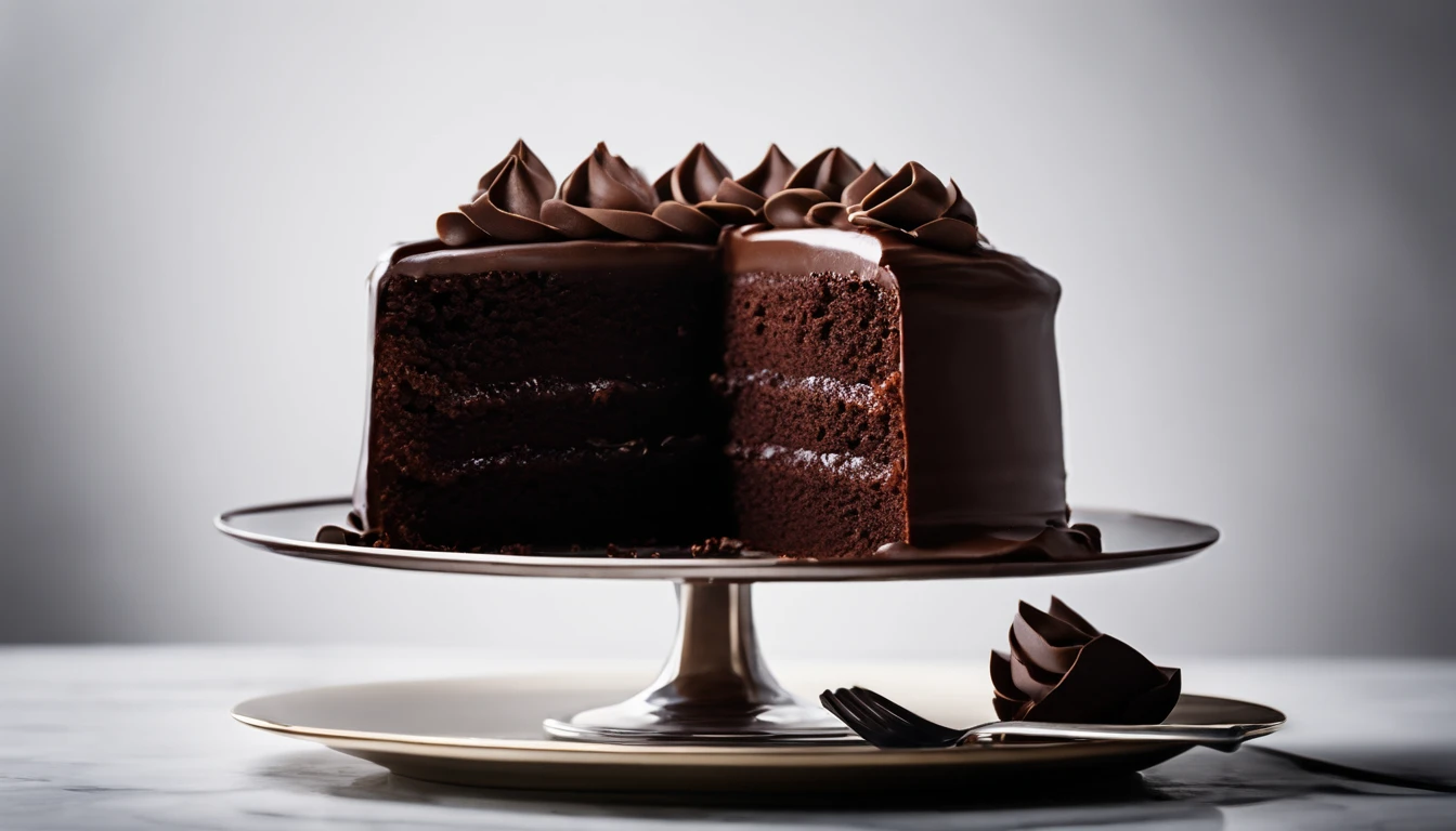 a minimalistic shot of a single slice of chocolate cake against a clean, white backdrop, allowing the rich color and texture of the cake to be the focal point