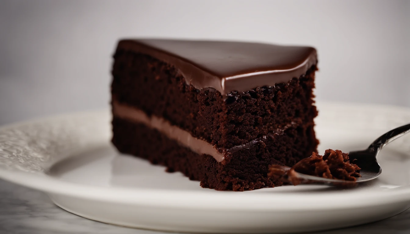 a minimalistic shot of a single slice of chocolate cake against a clean, white backdrop, allowing the rich color and texture of the cake to be the focal point