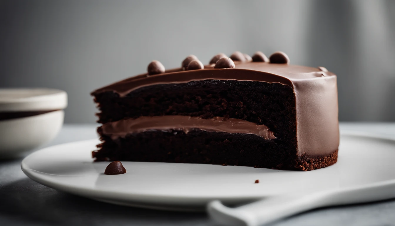 a minimalistic shot of a single slice of chocolate cake against a clean, white backdrop, allowing the rich color and texture of the cake to be the focal point