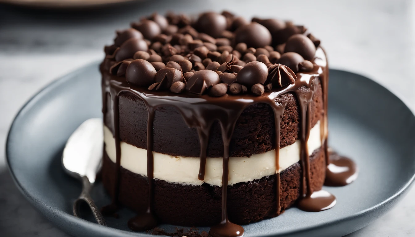 a minimalistic shot of a single slice of chocolate cake against a clean, white backdrop, allowing the rich color and texture of the cake to be the focal point