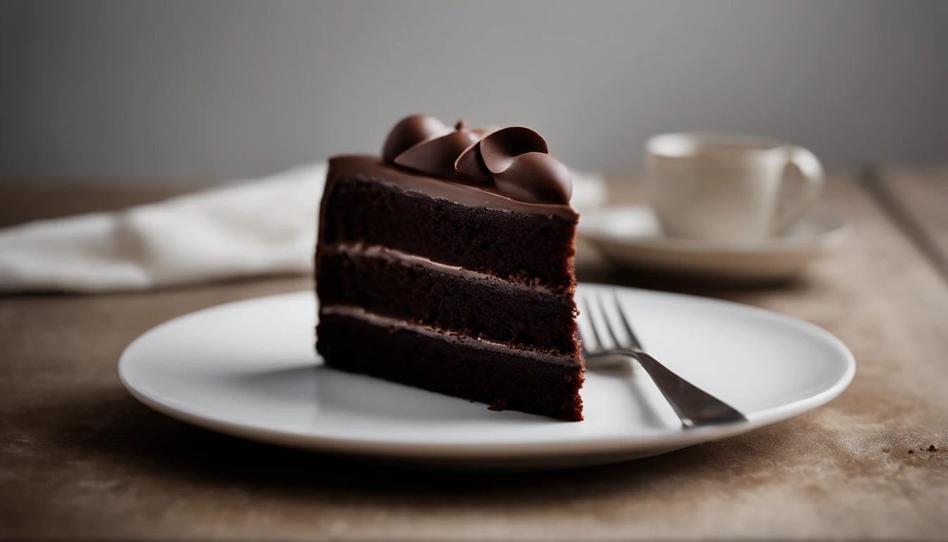 a minimalistic shot of a single slice of chocolate cake against a clean, white backdrop, allowing the rich color and texture of the cake to be the focal point