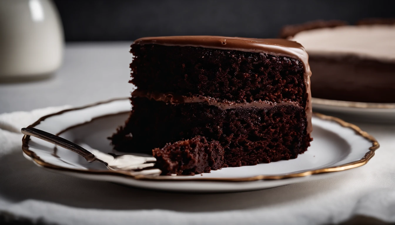a minimalistic shot of a single slice of chocolate cake against a clean, white backdrop, allowing the rich color and texture of the cake to be the focal point
