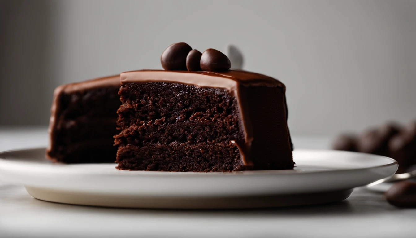 a minimalistic shot of a single slice of chocolate cake against a clean, white backdrop, allowing the rich color and texture of the cake to be the focal point