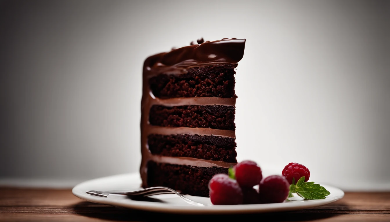 a minimalistic shot of a single slice of chocolate cake against a clean, white backdrop, allowing the rich color and texture of the cake to be the focal point