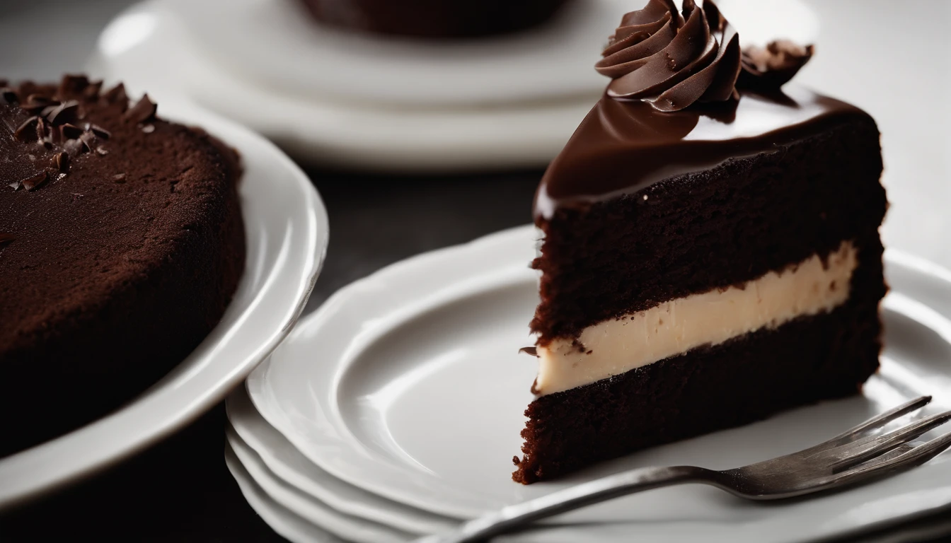 a minimalistic shot of a single slice of chocolate cake against a clean, white backdrop, allowing the rich color and texture of the cake to be the focal point
