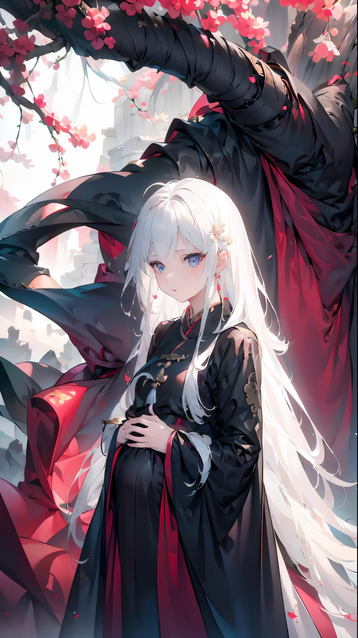 Golden hairpin, white ash hair, black shirt, white skirt, (black cloak:1.2), pale face, sweating, heavy breath, blushing, pregnancy  dresest quality:1.2), ultra-detailed,realistic ,portraits, vivid colors, soft lighting, interesting PoV, stocking, straight hair, pregnant, Pregnant  belly, anime girl, solo girl, light blue eyes, Chinese sword, swing sword, pregnant clothes,