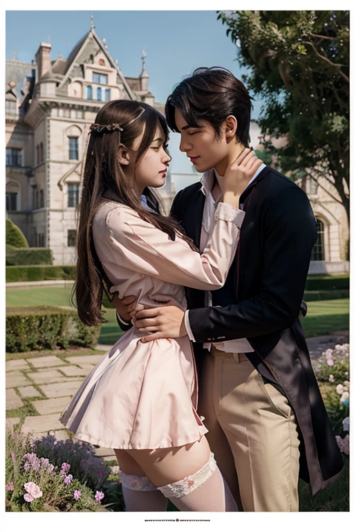 a poster of a couple hugging each other in front of a castle, manhwa, shoujo romance, aristocratic, the flower prince, castle scene manga, delicate androgynous prince, cover manga, steam romance, romance novel cover, bloom. fantasy, sakimichan and frank franzzeta, manga cover, shoujo manga, in school witch uniform, hate to lover, student, boy an girl, love between friends, with uniform