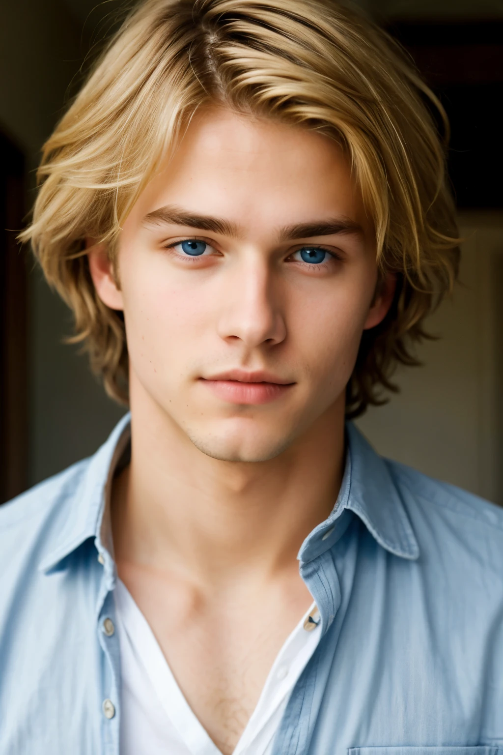 a beautiful young adult man, with messy blond hair, low and slanted blue eyes