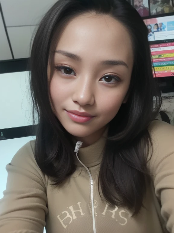 there is a woman that is sitting down with a cell phone, with accurate face, without makeup, beuatiful face, face picture, normal face, south east asian with round face, 2 , wide forehead, neutral face, small heart - shaped face, with kind face, selfie of a young woman, selfie photo, 2 8 years old