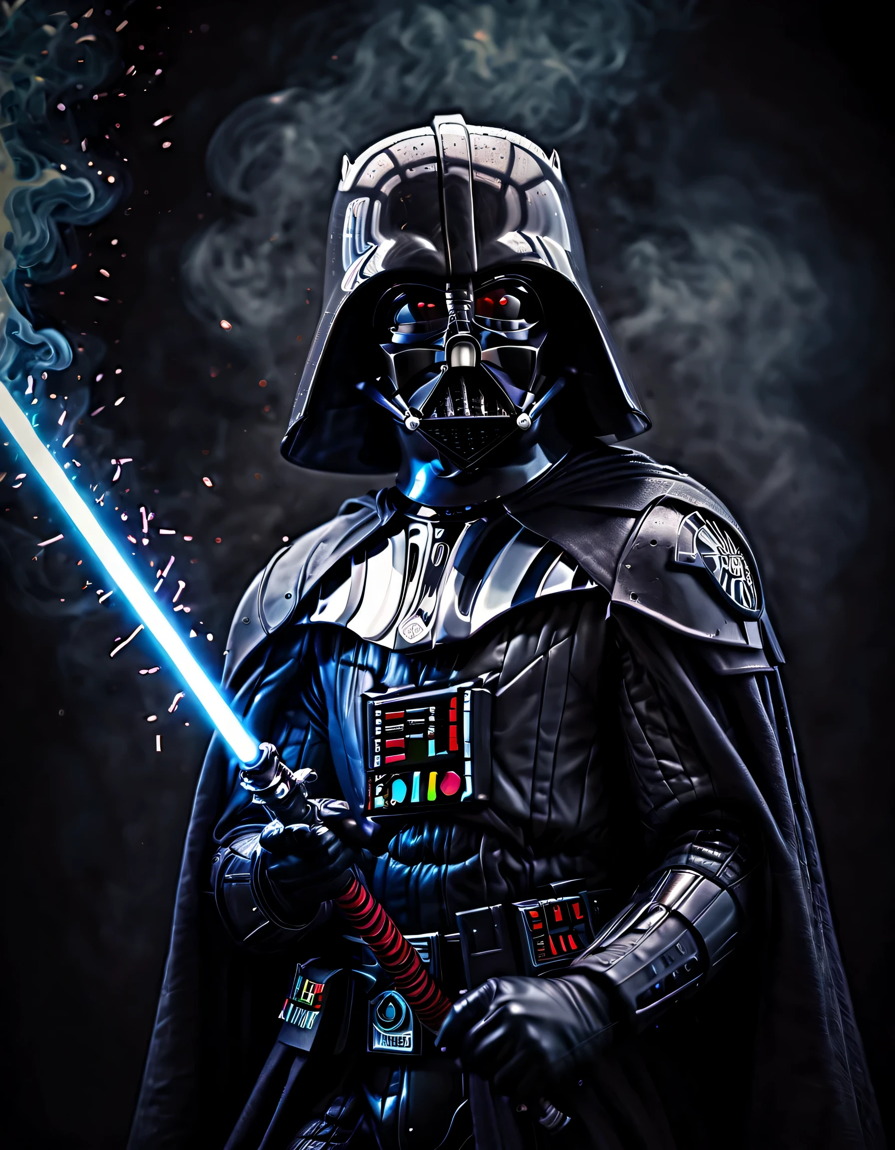 (melhor qualidade,Realistic)Hayden Christensen,Darth Vader,Retratos,sabre de luz,batalha,Dark Force, dramatic lighting, intense expression, Cabo majestoso, Aura sinistra, olhos vermelhos brilhantes, epic showdown, smoke and sparks, detalhes impressionantes, dramatic pose, iconic helmet, Iconic outfit, atmosfera sinistra, intense emotion, powerful presence, dynamic compositing, figura imponente, Fierce determination, Escuro e mal-humorado, menacing presence, legendary character, epic batalha scene, swirling energy, conflito intenso, Iconic weapon, Sombras profundas, fundo sinistro, villainous protagonist, Epic Climax, emotional turmoil, legendary saga, Iconic villain, Epic transformation, lado escuro, Cosmic Power.