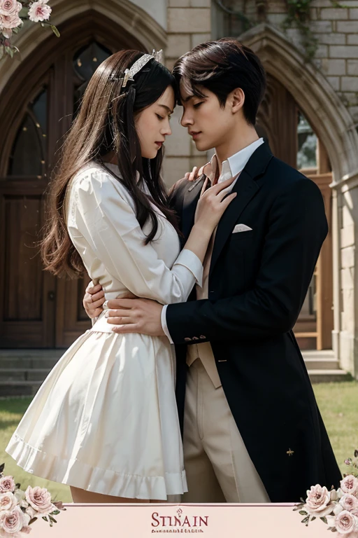 a poster of a couple hugging each other in front of a castle, manhwa, shoujo romance, aristocratic, the flower prince, castle scene manga, delicate androgynous prince, cover manga, steam romance, romance novel cover, bloom. fantasy, sakimichan and frank franzzeta, manga cover, shoujo manga, in school witch uniform, hate to lover, student, boy an girl, love between friends, with uniform