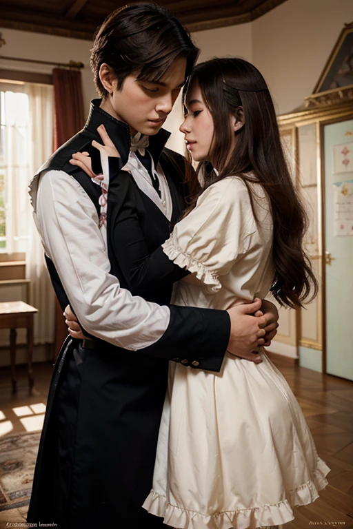 a poster of a couple hugging each other in front of a castle, manhwa, shoujo romance, aristocratic, the flower prince, castle scene manga, delicate androgynous prince, cover manga, steam romance, romance novel cover, bloom. fantasy, sakimichan and frank franzzeta, manga cover, shoujo manga, in school witch uniform, hate to lover, student, boy an girl, love between friends, with uniform