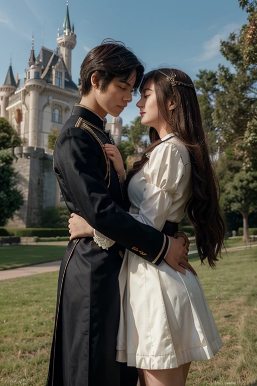 a film poster of three people, two boys and one girl, bestfriends, love in front of a castle, manhwa, shoujo romance, aristocratic, the flower prince, castle scene manga, delicate androgynous prince, cover manga, steam romance, romance novel cover, bloom. fantasy, sakimichan and frank franzzeta, manga cover, shoujo manga, in school witch uniform, hate to lover, student, boy an girl, love between friends, with uniform, with title "friends shouldn't act this way!",