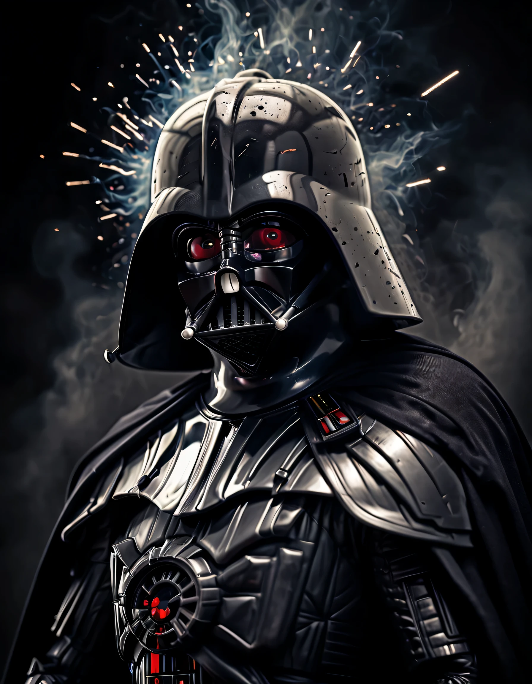 (melhor qualidade,Realistic)Hayden Christensen,Darth Vader,Retratos,sabre de luz,batalha,Dark Force, dramatic lighting, intense expression, Cabo majestoso, Aura sinistra, olhos vermelhos brilhantes, epic showdown, smoke and sparks, detalhes impressionantes, dramatic pose, iconic helmet, Iconic outfit, atmosfera sinistra, intense emotion, powerful presence, dynamic compositing, figura imponente, Fierce determination, Escuro e mal-humorado, menacing presence, legendary character, epic batalha scene, swirling energy, conflito intenso, Iconic weapon, Sombras profundas, fundo sinistro, villainous protagonist, Epic Climax, emotional turmoil, legendary saga, Iconic villain, Epic transformation, lado escuro, Cosmic Power.