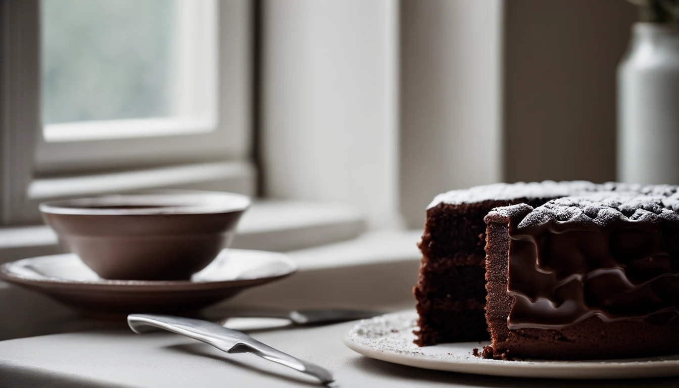 a minimalistic shot of a single slice of chocolate cake against a clean, white backdrop, allowing the rich color and texture of the cake to be the focal point