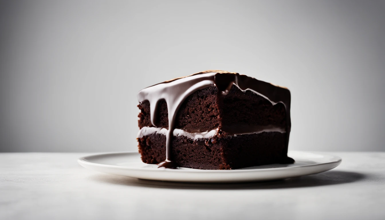 a minimalistic shot of a single slice of chocolate cake against a clean, white backdrop, allowing the rich color and texture of the cake to be the focal point