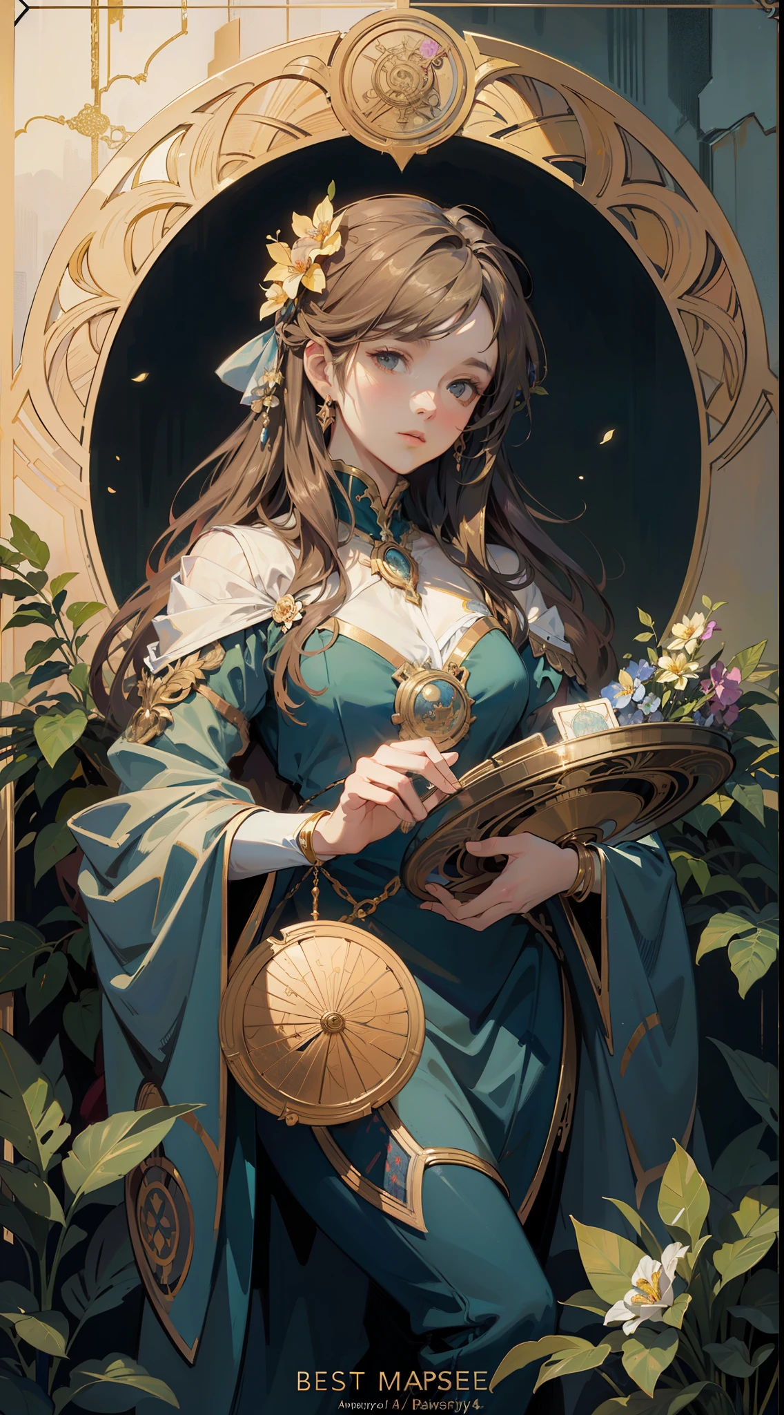 tarot card layout,Best quality, Masterpiece, (Realistic:0.6), Realistic lighting,Flower frame, Decorative panels, abstract artistic, Alphonse Mucha (tmasterpiece, best qualtiy, A high resolution: 1.4), A detailed, Complicated details, 4K,Wheel of Fortune,golden colored,Solid
