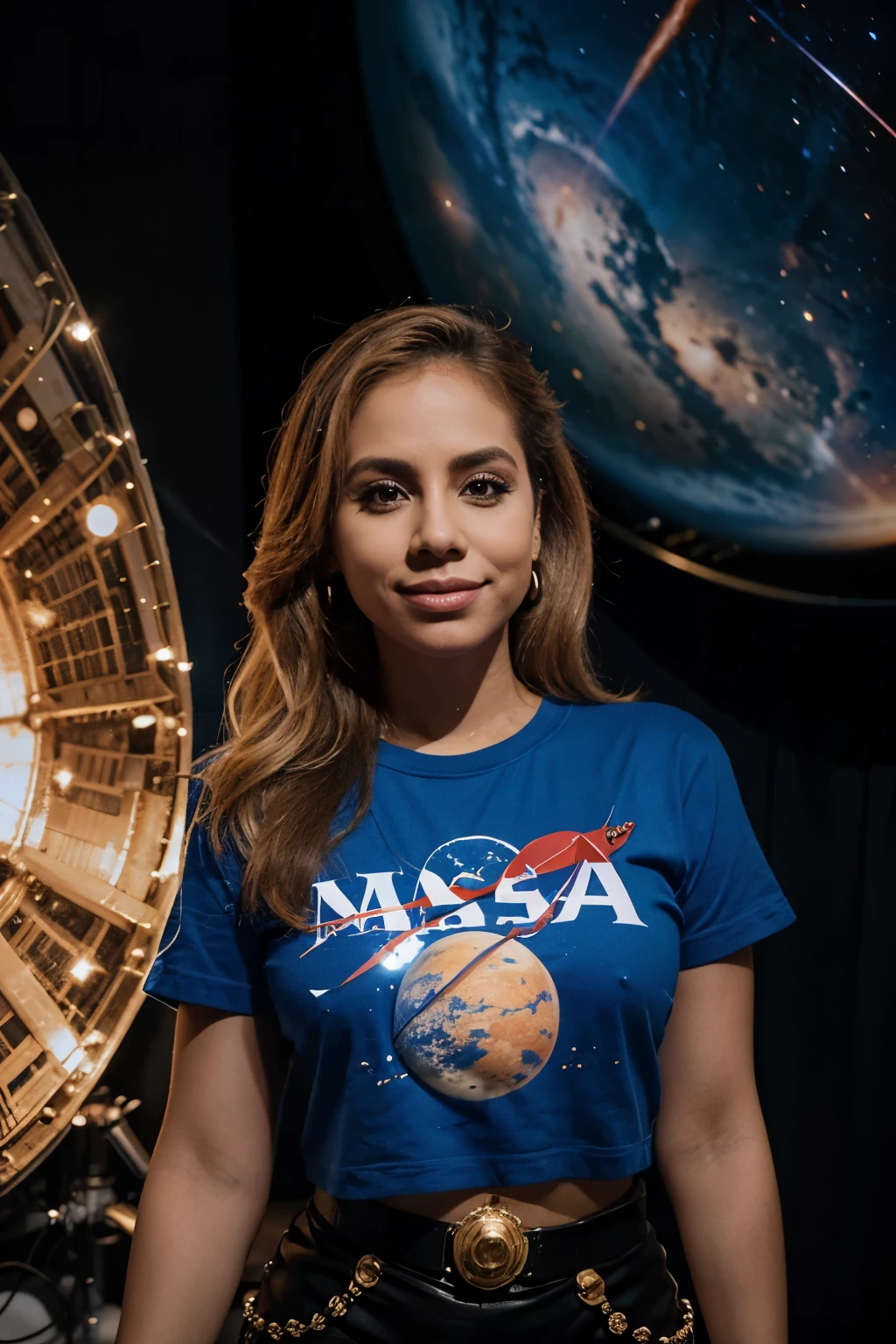 Artist Joelma from Banda Clipso Wearing a NASA t-shirt during an outer space-themed show