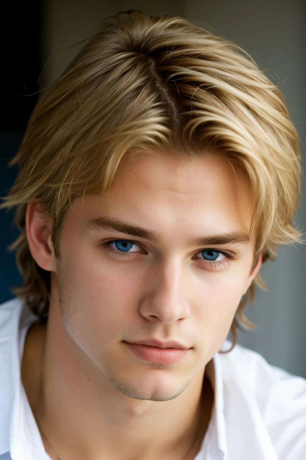 a beautiful young adult man, with messy blond hair, low and slanted blue eyes
