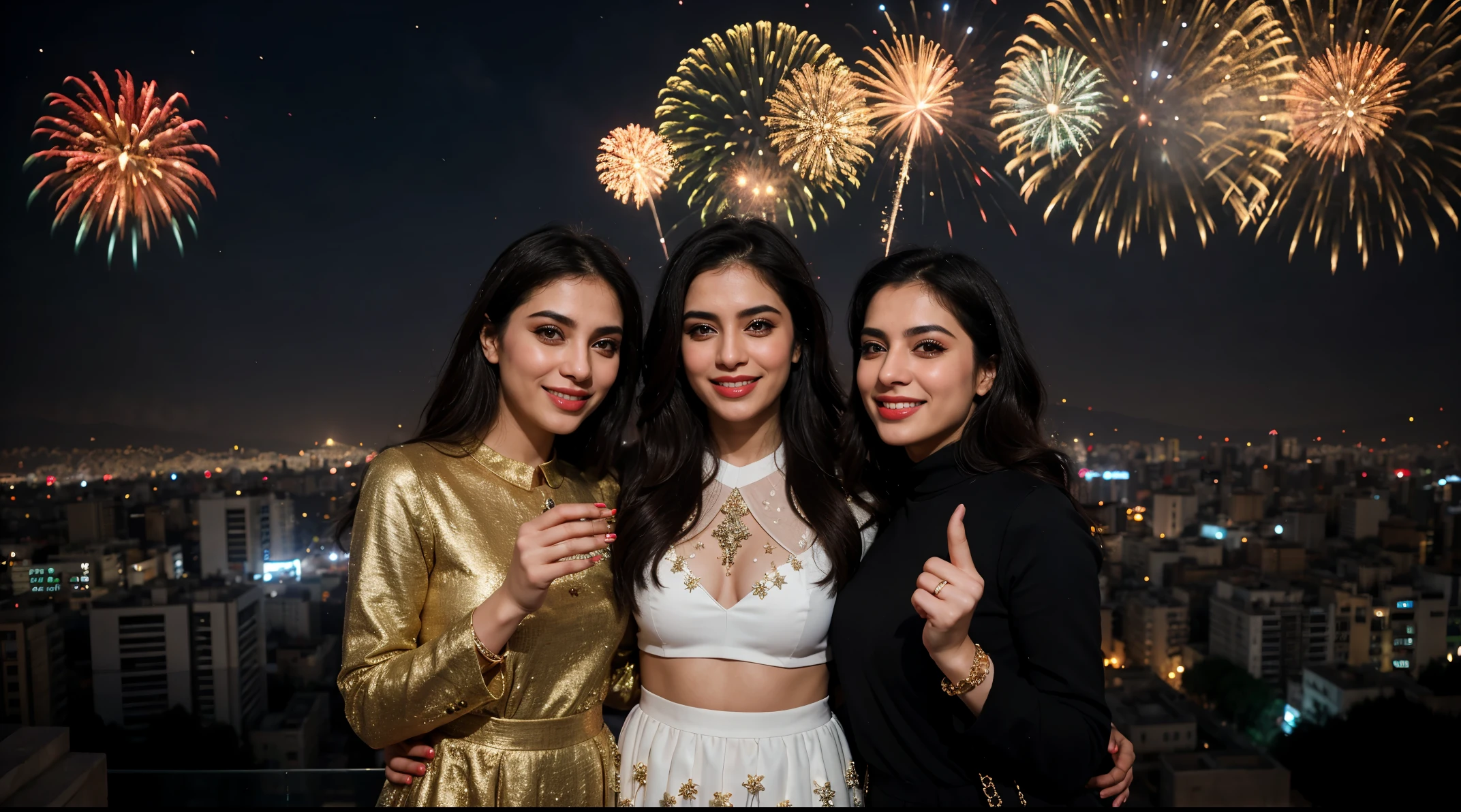new year 2024 in Tehran. night, firework, Iranian gorgeous girl, laugh and joy
