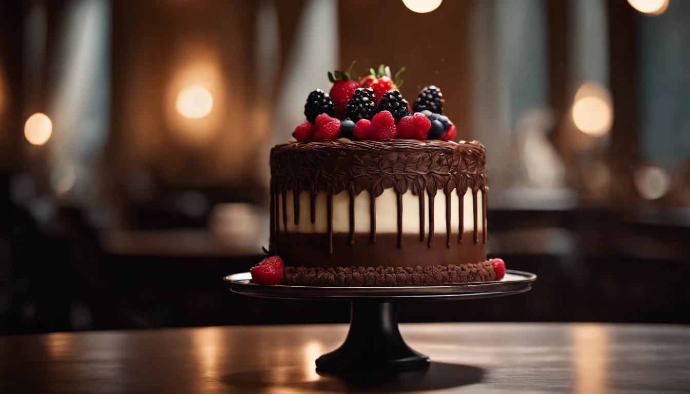 a creative shot of a chocolate cake with a unique design, such as a drip cake, ombre effect, or intricate piping work, showcasing the artistry and craftsmanship involved