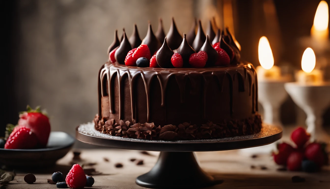 a creative shot of a chocolate cake with a unique design, such as a drip cake, ombre effect, or intricate piping work, showcasing the artistry and craftsmanship involved