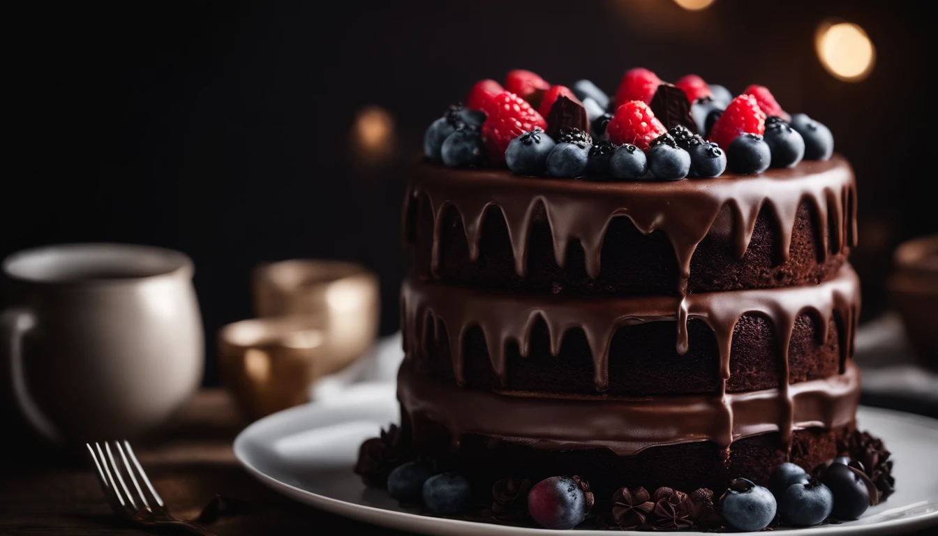 a creative shot of a chocolate cake with a unique design, such as a drip cake, ombre effect, or intricate piping work, showcasing the artistry and craftsmanship involved
