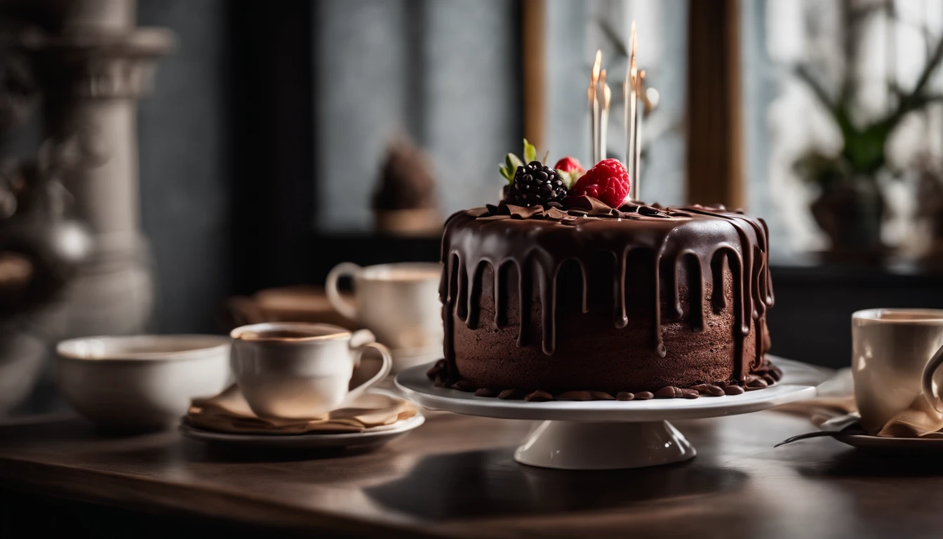 a creative shot of a chocolate cake with a unique design, such as a drip cake, ombre effect, or intricate piping work, showcasing the artistry and craftsmanship involved