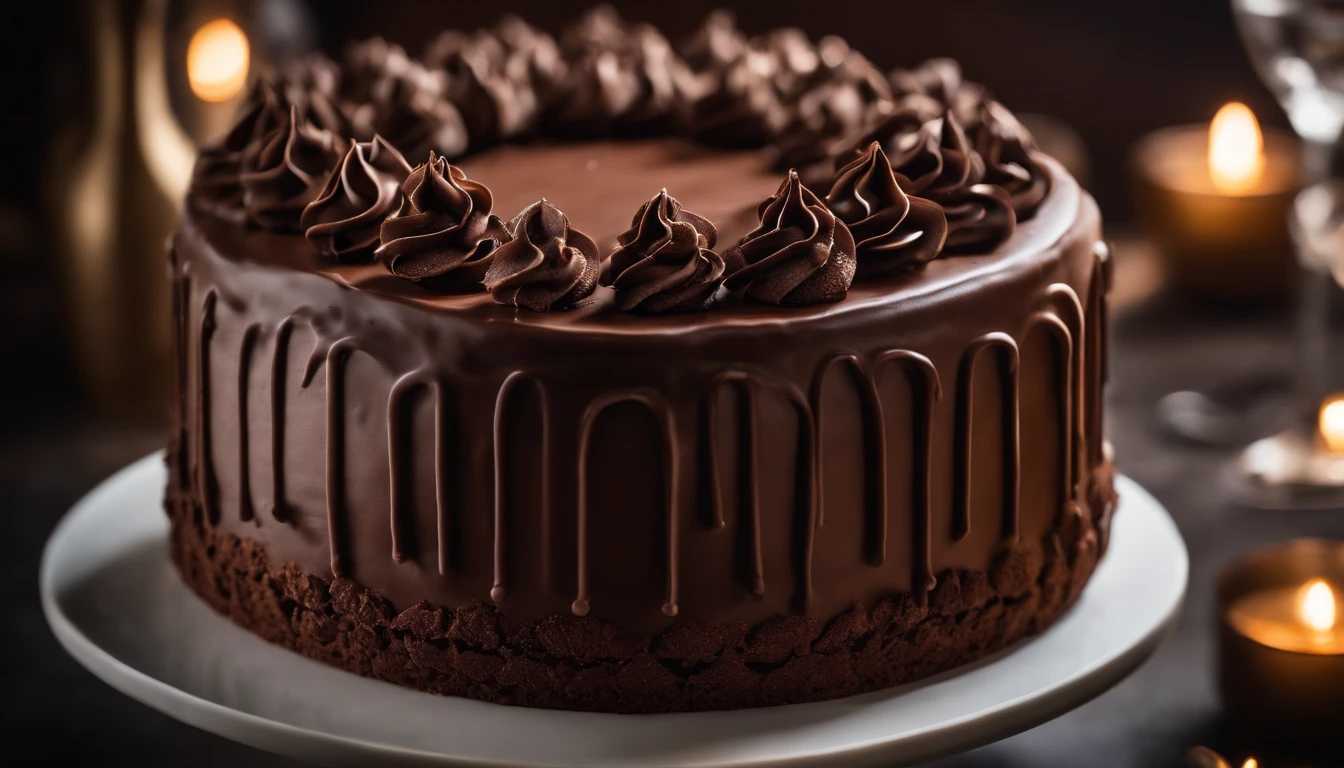 a creative shot of a chocolate cake with a unique design, such as a drip cake, ombre effect, or intricate piping work, showcasing the artistry and craftsmanship involved
