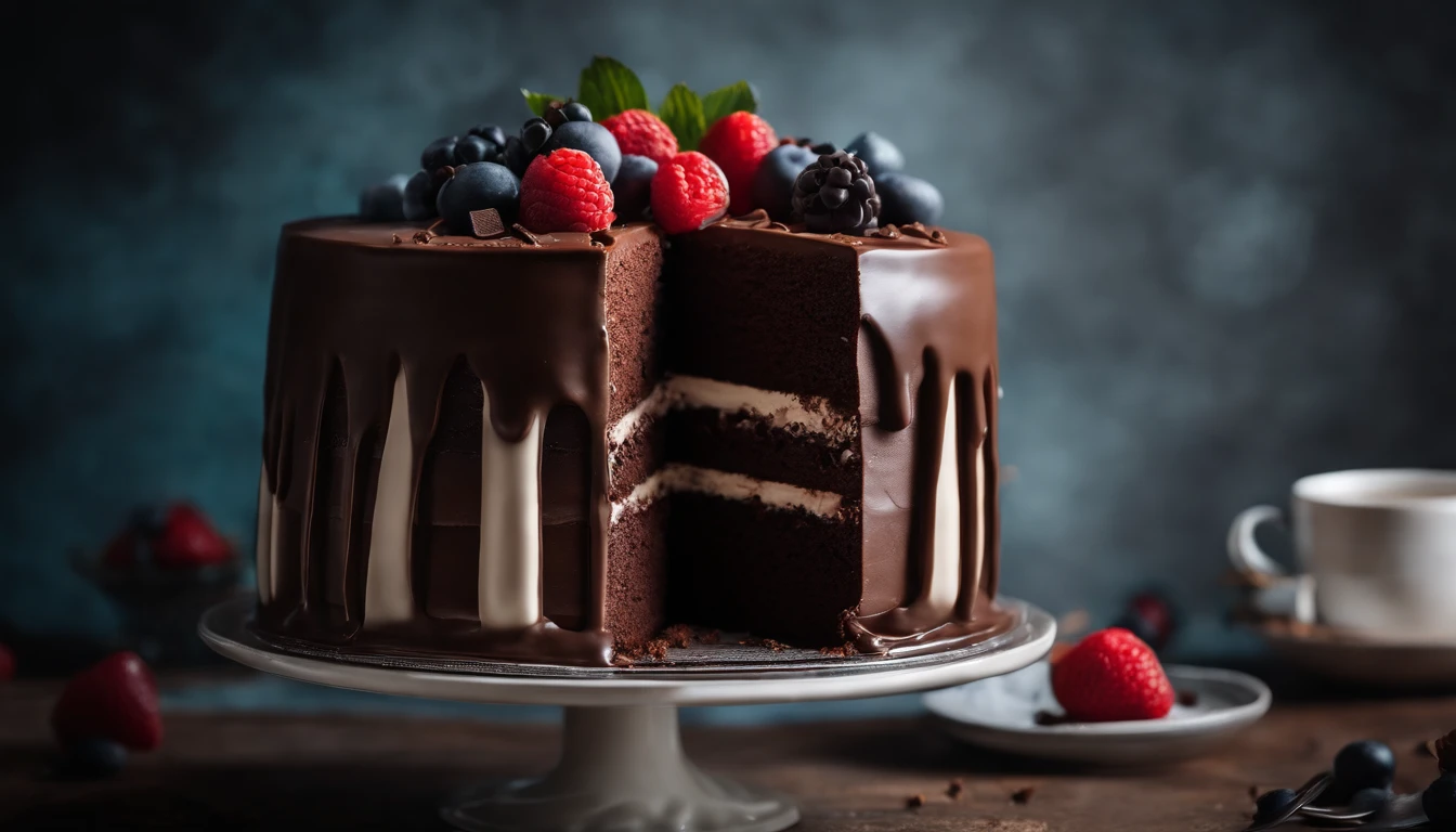 a creative shot of a chocolate cake with a unique design, such as a drip cake, ombre effect, or intricate piping work, showcasing the artistry and craftsmanship involved