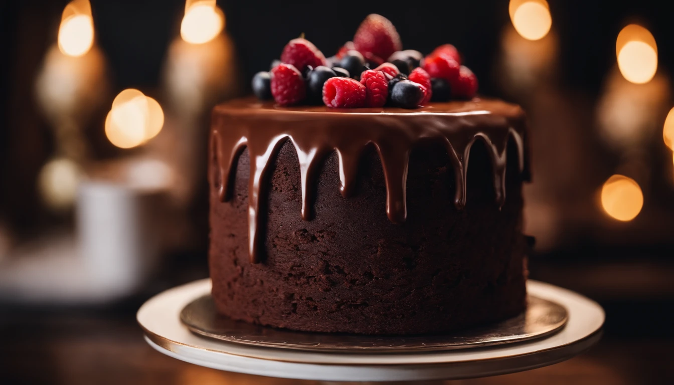 a creative shot of a chocolate cake with a unique design, such as a drip cake, ombre effect, or intricate piping work, showcasing the artistry and craftsmanship involved