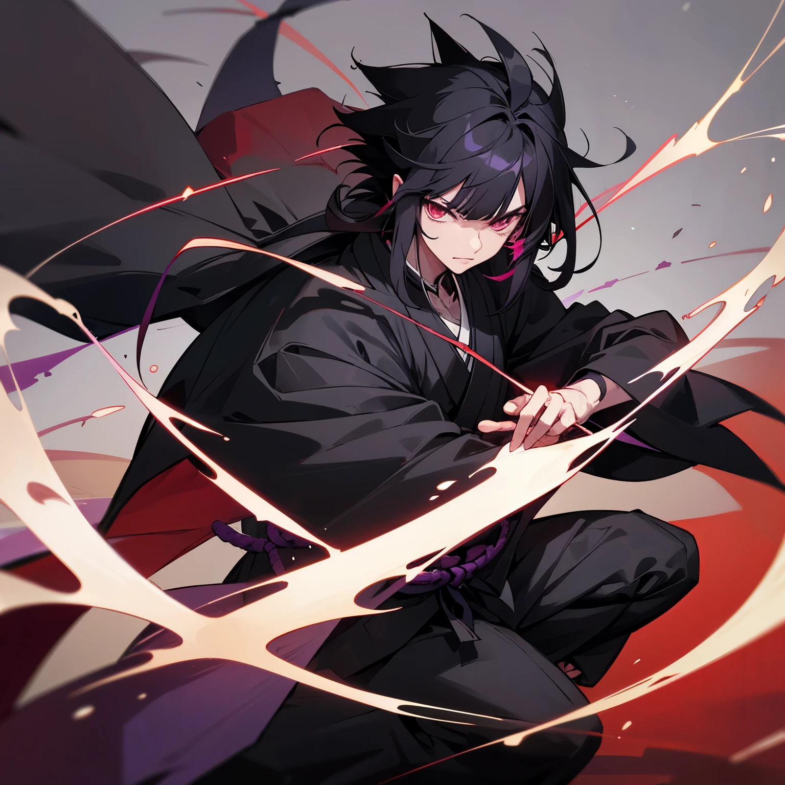 long, spiky black hair with red tips with two chin-length bangs. He wears a purple-and-black hexagonal patterned nagagi kimono and black umanori-styled hakama pants tied with a white uwa-obi. Over this, he wears a black cloak similar in appearance to a cape with protruding collars.