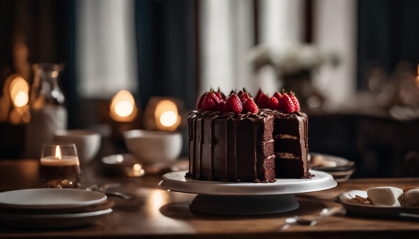 a creative shot of a chocolate cake with a unique design, such as a drip cake, ombre effect, or intricate piping work, showcasing the artistry and craftsmanship involved