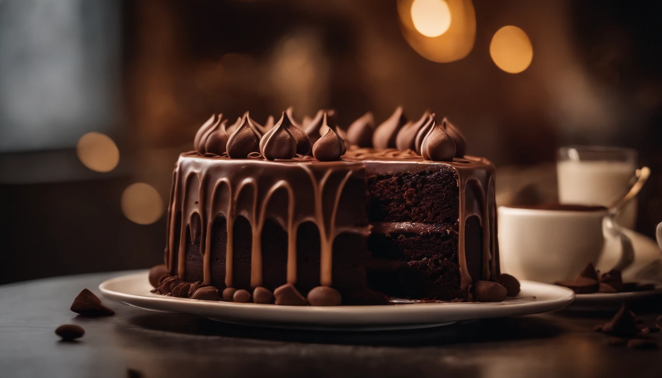 a creative shot of a chocolate cake with a unique design, such as a drip cake, ombre effect, or intricate piping work, showcasing the artistry and craftsmanship involved