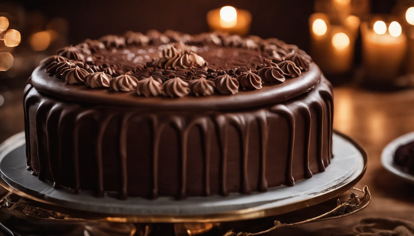 a creative shot of a chocolate cake with a unique design, such as a drip cake, ombre effect, or intricate piping work, showcasing the artistry and craftsmanship involved