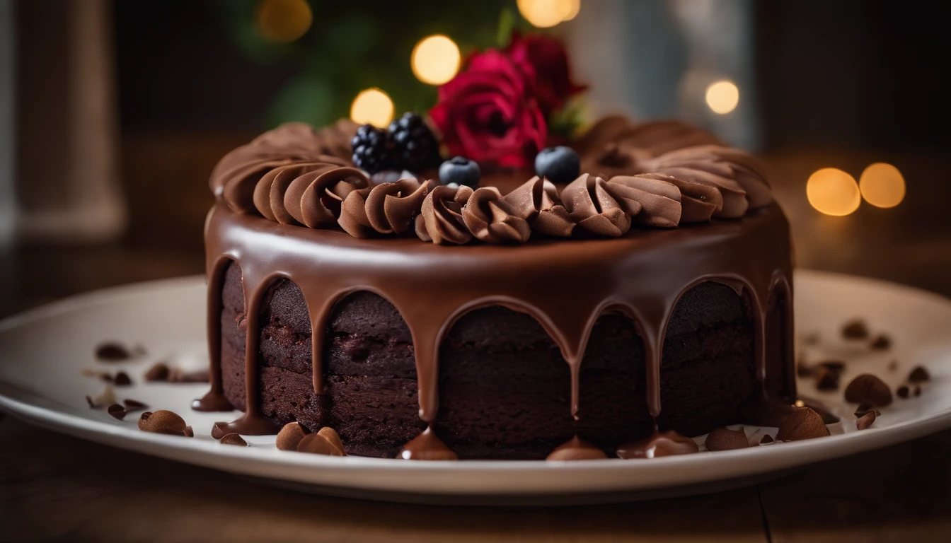 a creative shot of a chocolate cake with a unique design, such as a drip cake, ombre effect, or intricate piping work, showcasing the artistry and craftsmanship involved