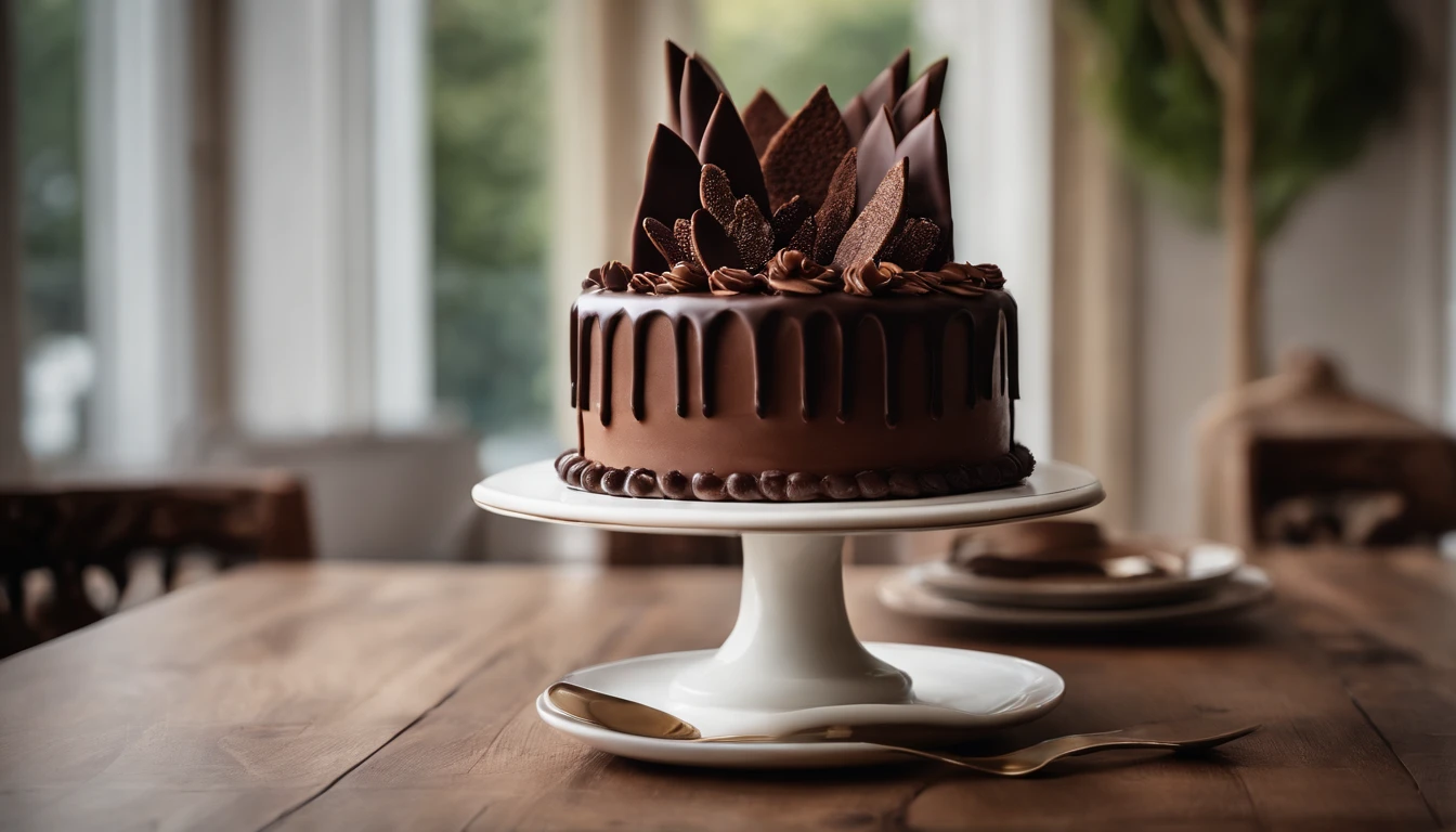 a creative shot of a chocolate cake with a unique design, such as a drip cake, ombre effect, or intricate piping work, showcasing the artistry and craftsmanship involved