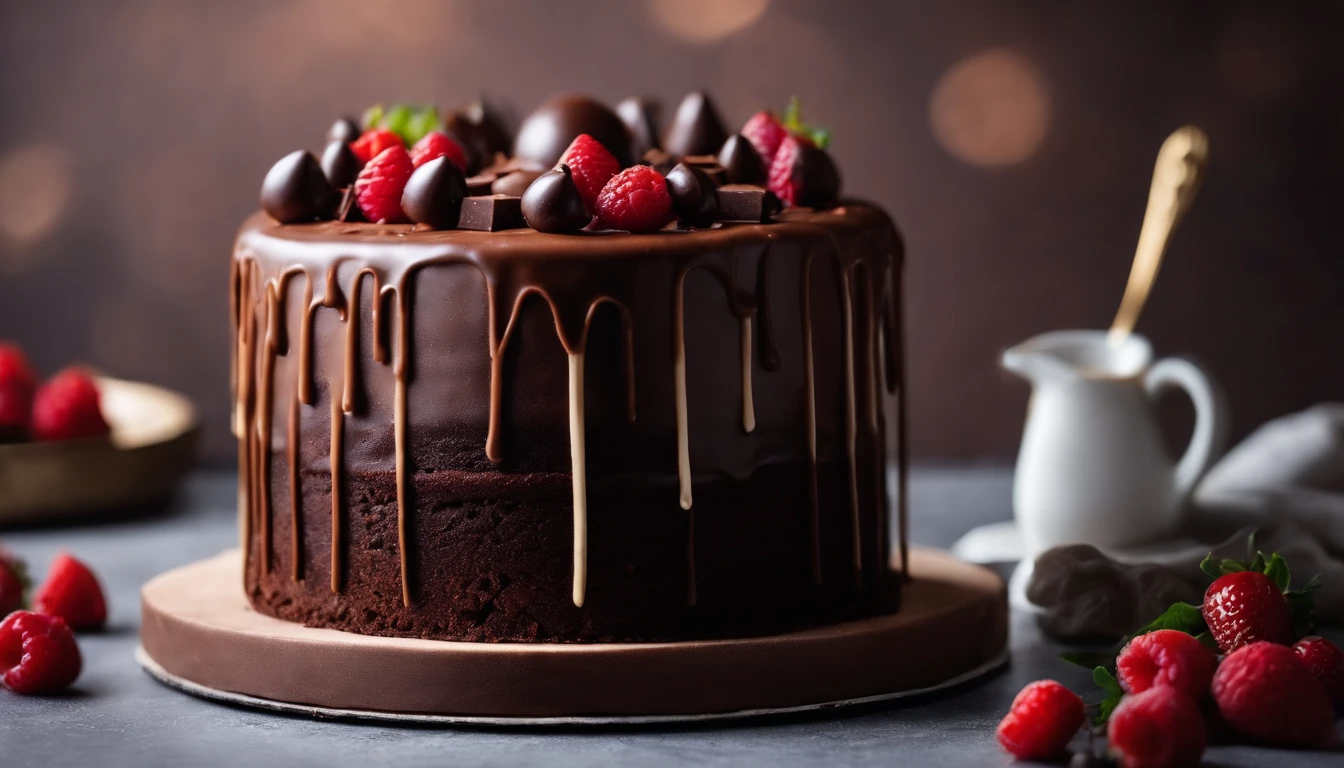 a creative shot of a chocolate cake with a unique design, such as a drip cake, ombre effect, or intricate piping work, showcasing the artistry and craftsmanship involved