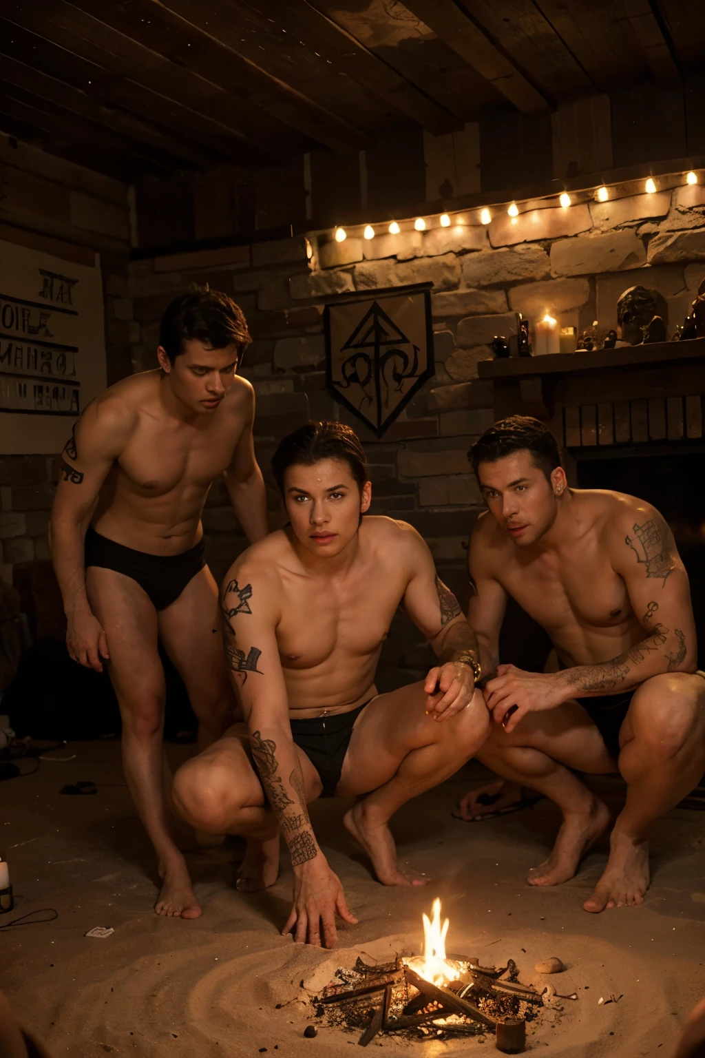 wide image of room decorated with runes and numbers where Tribe of Brazilian and Argentine Indians with short hair with tattoos three strong men blood red team candles skulls and muscular gladiators making crafts with mushrooms lit by a bonfire