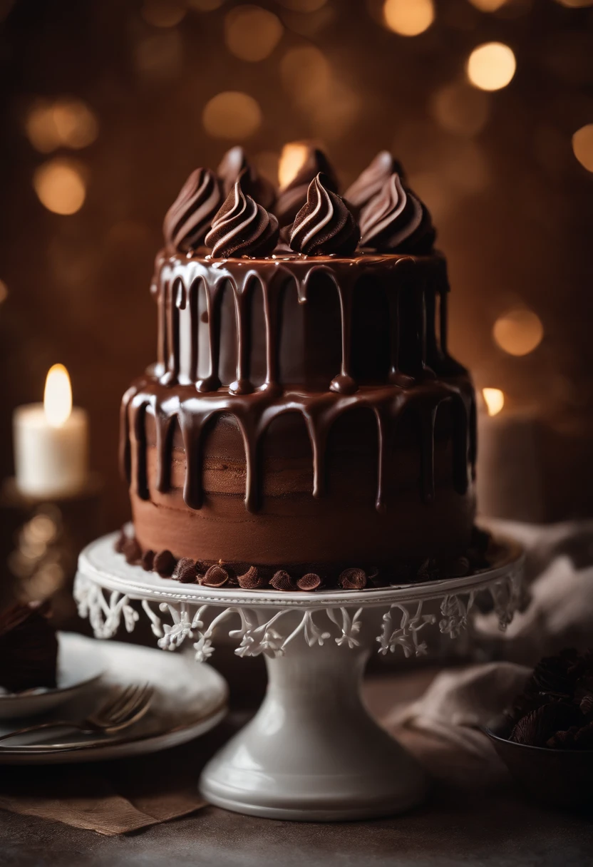 a creative shot of a chocolate cake with a unique design, such as a drip cake, ombre effect, or intricate piping work, showcasing the artistry and craftsmanship involved