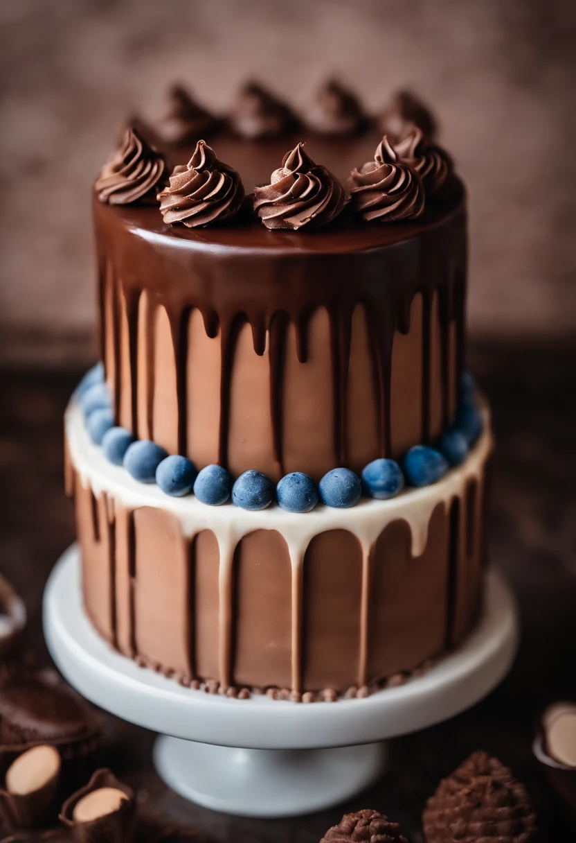 a creative shot of a chocolate cake with a unique design, such as a drip cake, ombre effect, or intricate piping work, showcasing the artistry and craftsmanship involved