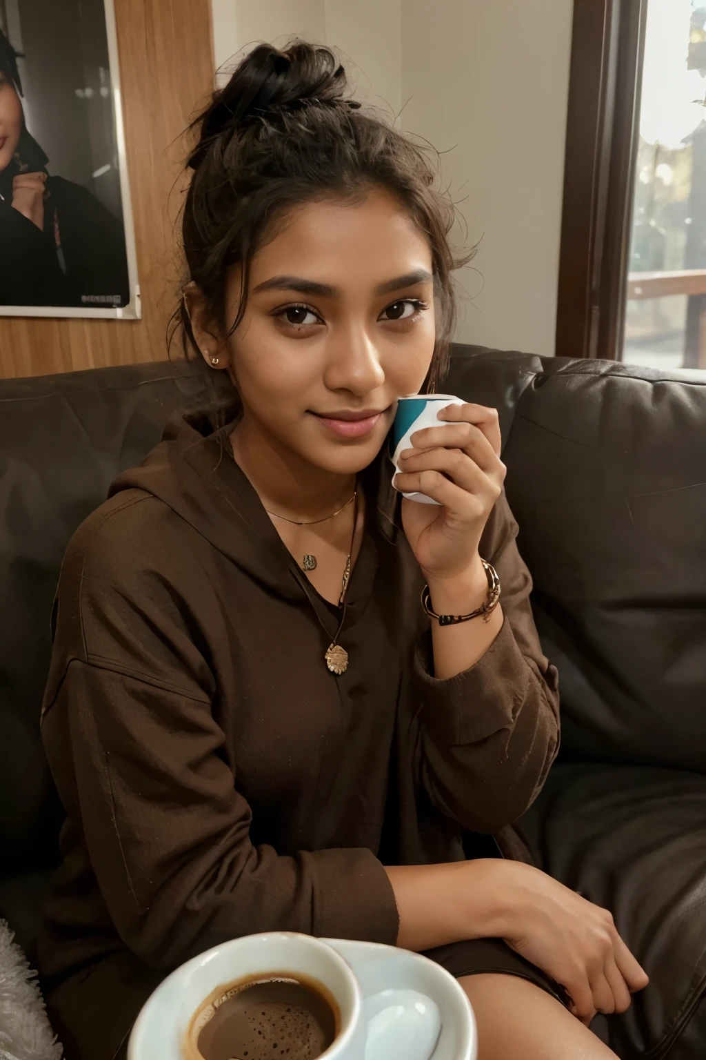 ((self-taken photo)), natural colors, ((selfie photo)), of a 22-year-old Sri Lankan woman named Kasuni, (dark bun hair), dark fair skin, black eyes, feminine features, iPhone, mobile quality, mobile focus, tack smooth, Instagram filter, TikTok filter, detailed face, detailed eyes, oiled skin, profile picture, smiling, ((sitting on a couch, coffee mug on hand)), ((winter outfit, ladies jewelry)), natural lighting.