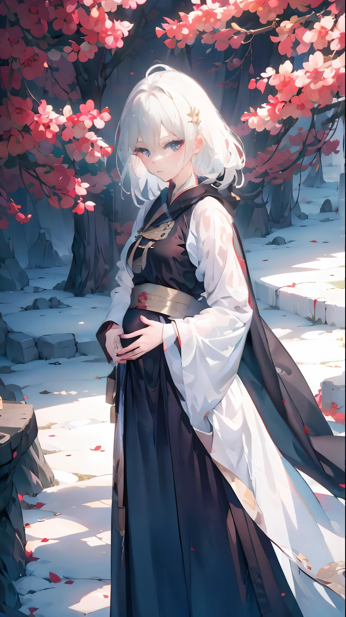 Golden hairpin, white ash hair, black shirt, white skirt, (black cloak:1.2), pale face, sweating, heavy breath, blushing, pregnancy dresest quality:1.2), ultra-detailed,realistic ,portraits, vivid colors, soft lighting, interesting PoV, stocking, straight hair, pregnant, Pregnant belly, anime girl, solo girl, light blue eyes, Chinese sword, swing sword, Crystalys eyes,